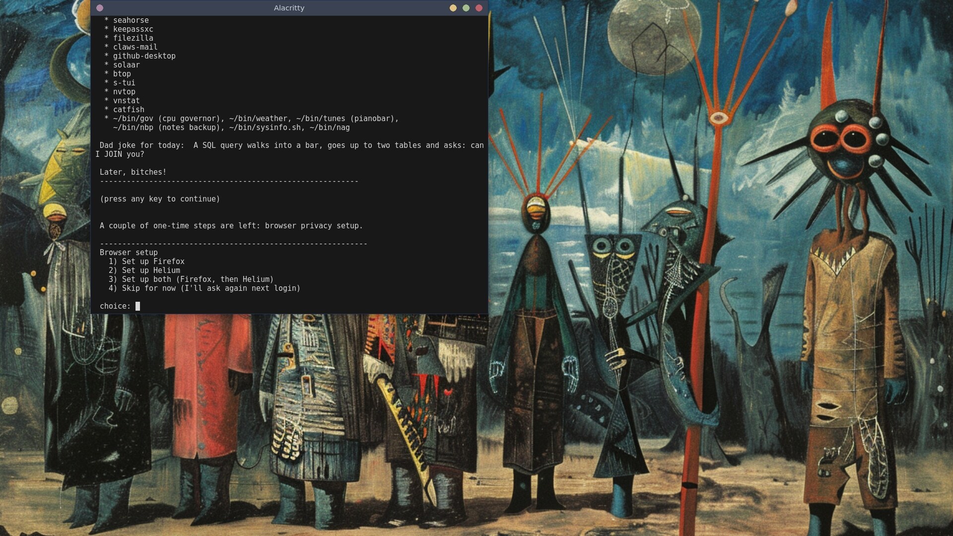 browser setup welcome message and script